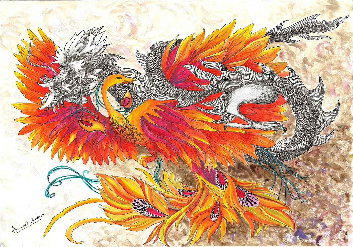 Buy painting online Singapore Dragon & Phoenix Anuradha Kabra India Exquisite Art